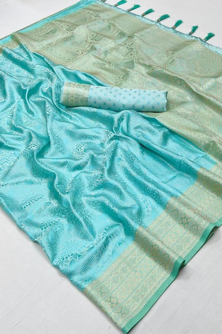 Handloom Weaving Satin Silk Function Wear Saree In Light Cyan Color