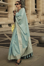 Load image into Gallery viewer, Handloom Weaving Satin Silk Function Wear Saree In Light Cyan Color
