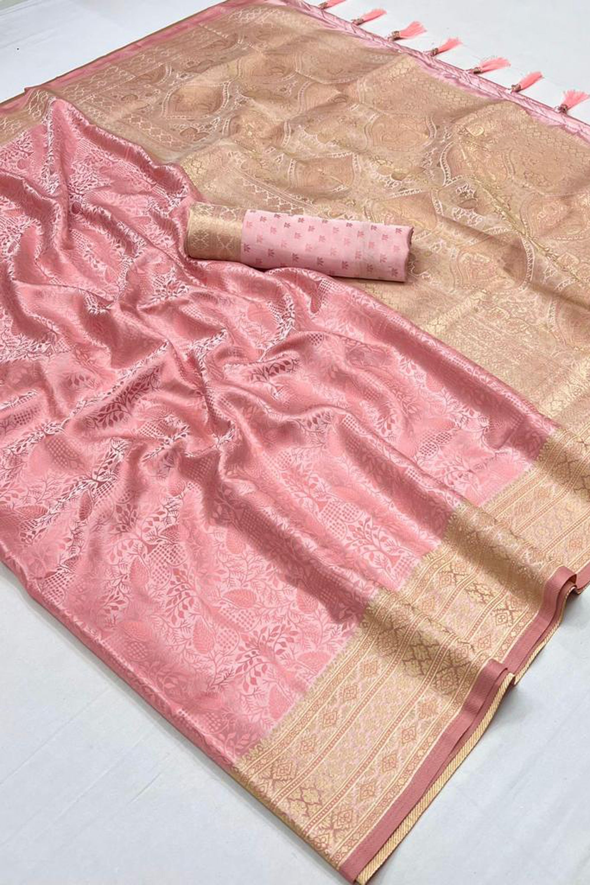 Beautiful Pink Color Satin Silk Handloom Weaving Function Wear Saree