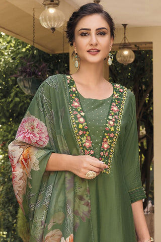 Readymade Printed Green Color Salwar Suit In Fancy Fabric