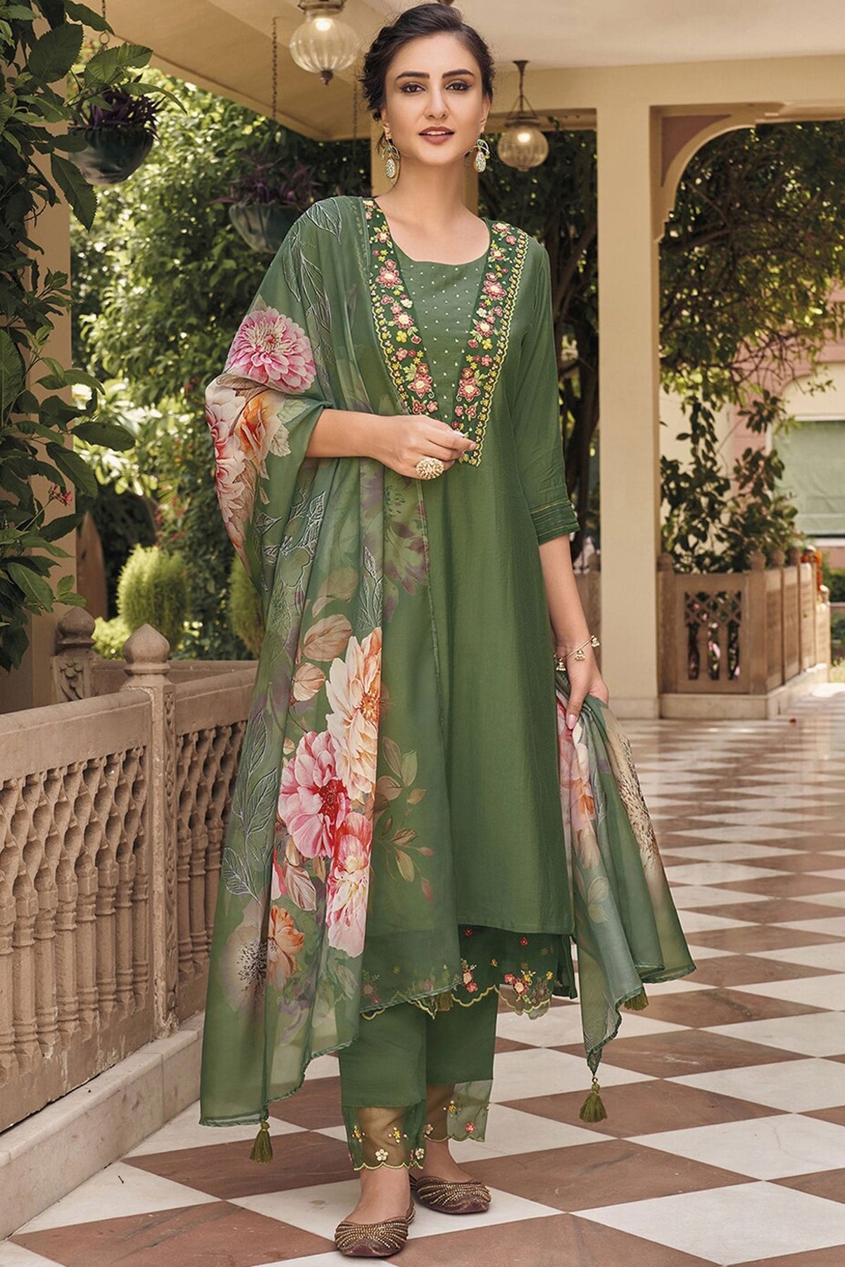 Readymade Printed Green Color Salwar Suit In Fancy Fabric