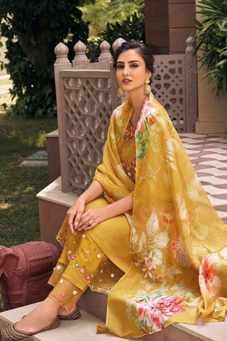 Fancy Fabric Printed Mustard Color Readymade Salwar Suit