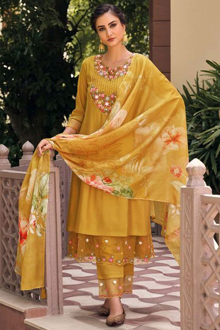 Fancy Fabric Printed Mustard Color Readymade Salwar Suit