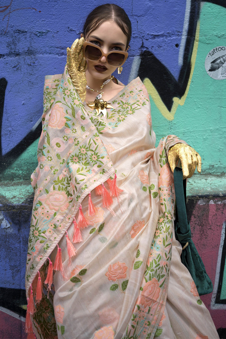 Beige Color Jacquard Work Art Silk Fabric Party Wear Saree