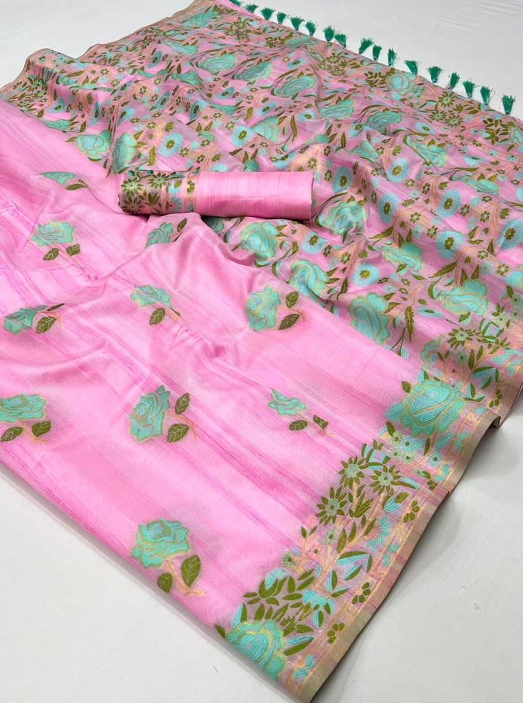 Pink Color Jacquard Work Art Silk Fabric Saree