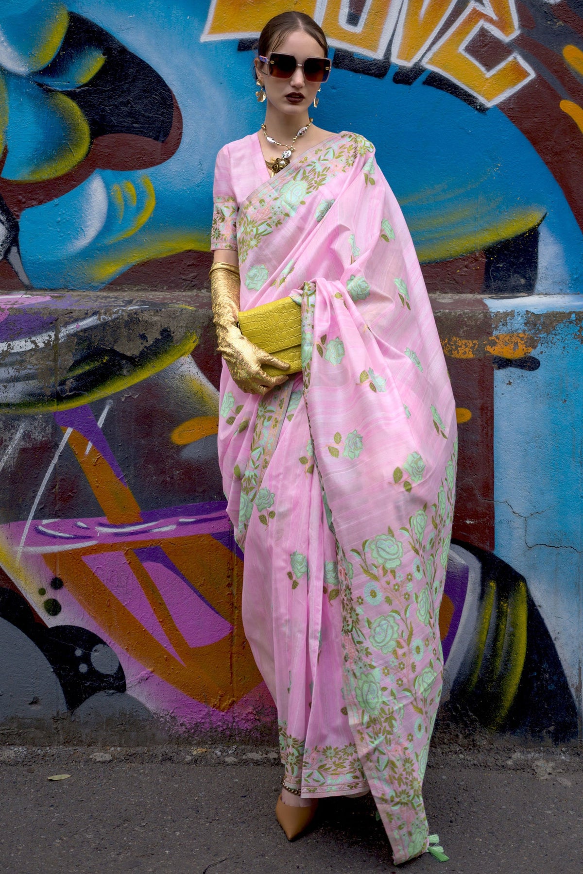 Pink Color Jacquard Work Art Silk Fabric Saree