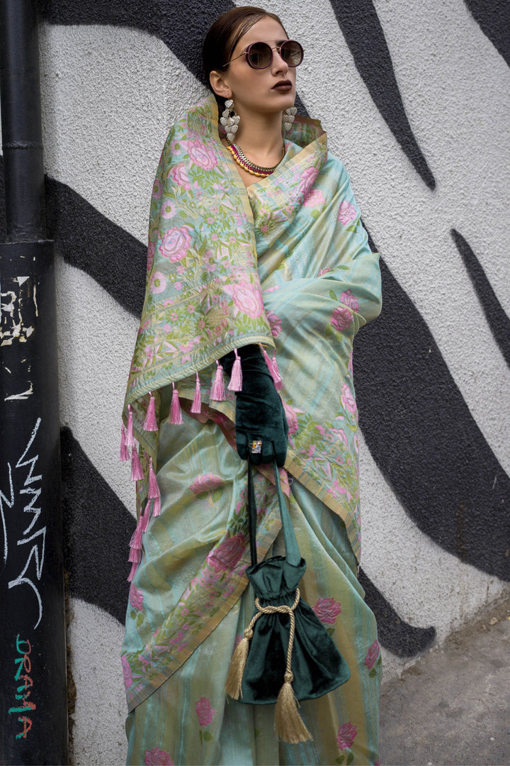 Sea Green Color Jacquard Work Art Silk Fabric Saree