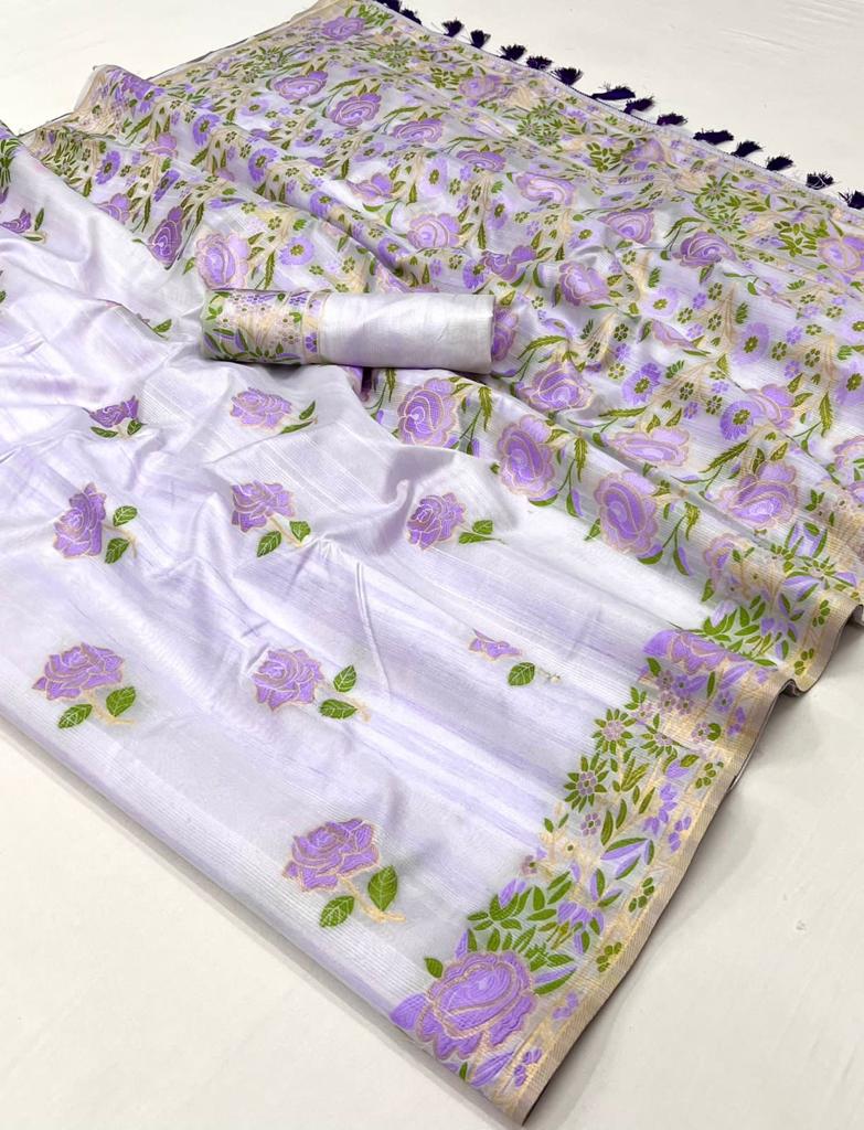 Exclusive Jacquard Work Lavender Color Art Silk Fabric Saree