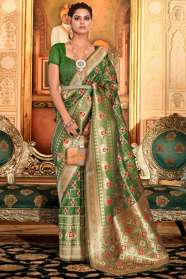 Party Wear Green Color Weaving Work Organza Fabric Saree