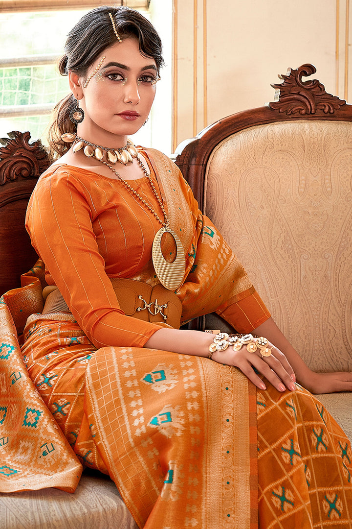 Trendy Weaving Work Organza Fabric Saree In Orange Color