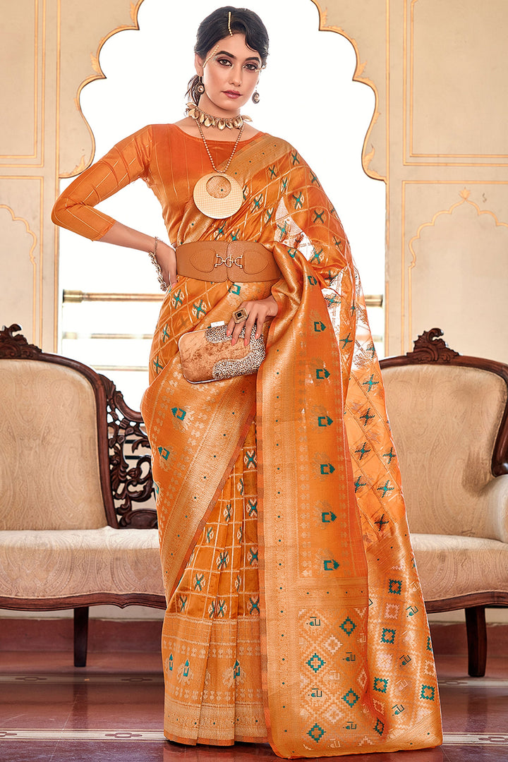 Trendy Weaving Work Organza Fabric Saree In Orange Color