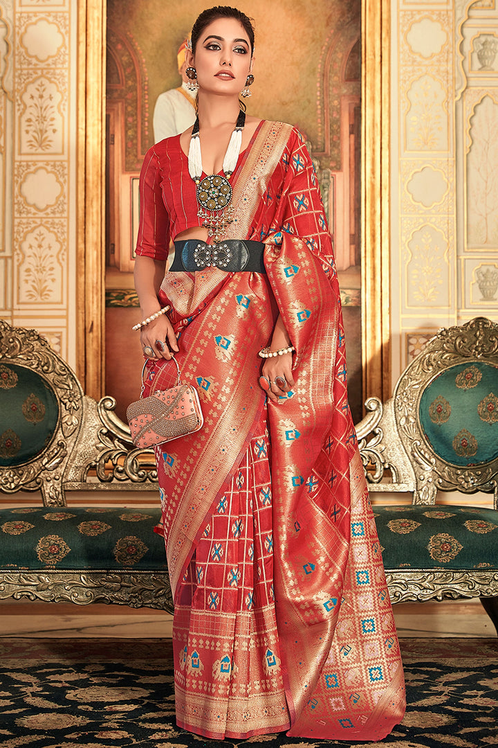 Designer Organza Fabric Weaving Work Red Color Saree