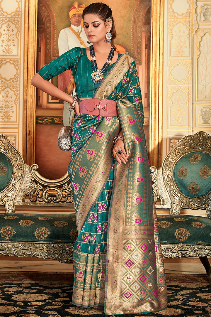 Teal Color Alluring Weaving Work Organza Fabric Saree
