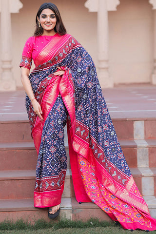 Navy Blue Color Dola Silk Printed Patola Design Saree