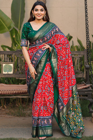 Traditional Look Printed Patola Dola Silk Red Saree