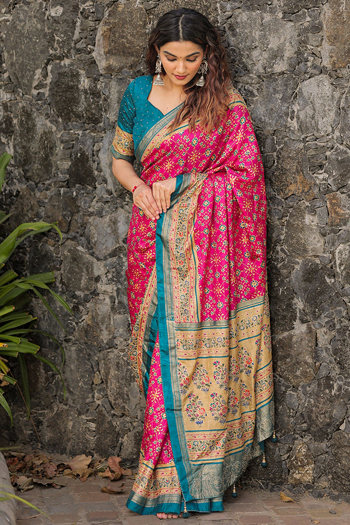 Party Look Rani Color Printed Patola Dola Silk Fabric Saree