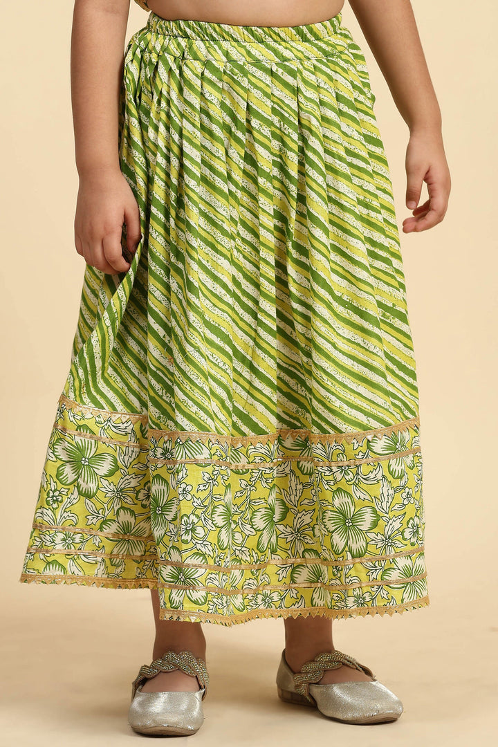 Trendy Cotton Fabric Printed Green Color Readymade Kids Sharara Top Lehenga