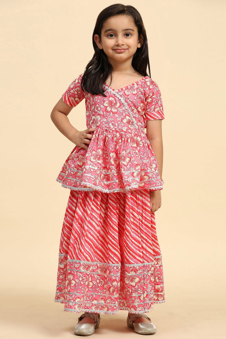 Beautiful Printed Pink Color Cotton Fabric Readymade Kids Sharara Top Lehenga