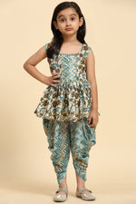 Load image into Gallery viewer, Cotton Printed Teal Color Readymade Stylish Kids Kurti With Dhoti Style Bottom