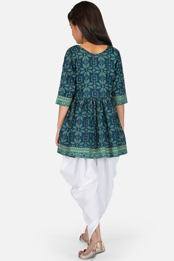 Designer Teal Color Rayon Fabric Printed Readymade Kids Kurti With Dhoti Style Bottom