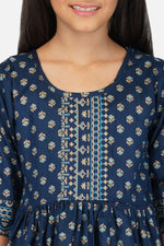 Load image into Gallery viewer, Readymade Printed Navy Blue Color Rayon Fabric Kids Kurti With Dhoti Style Bottom