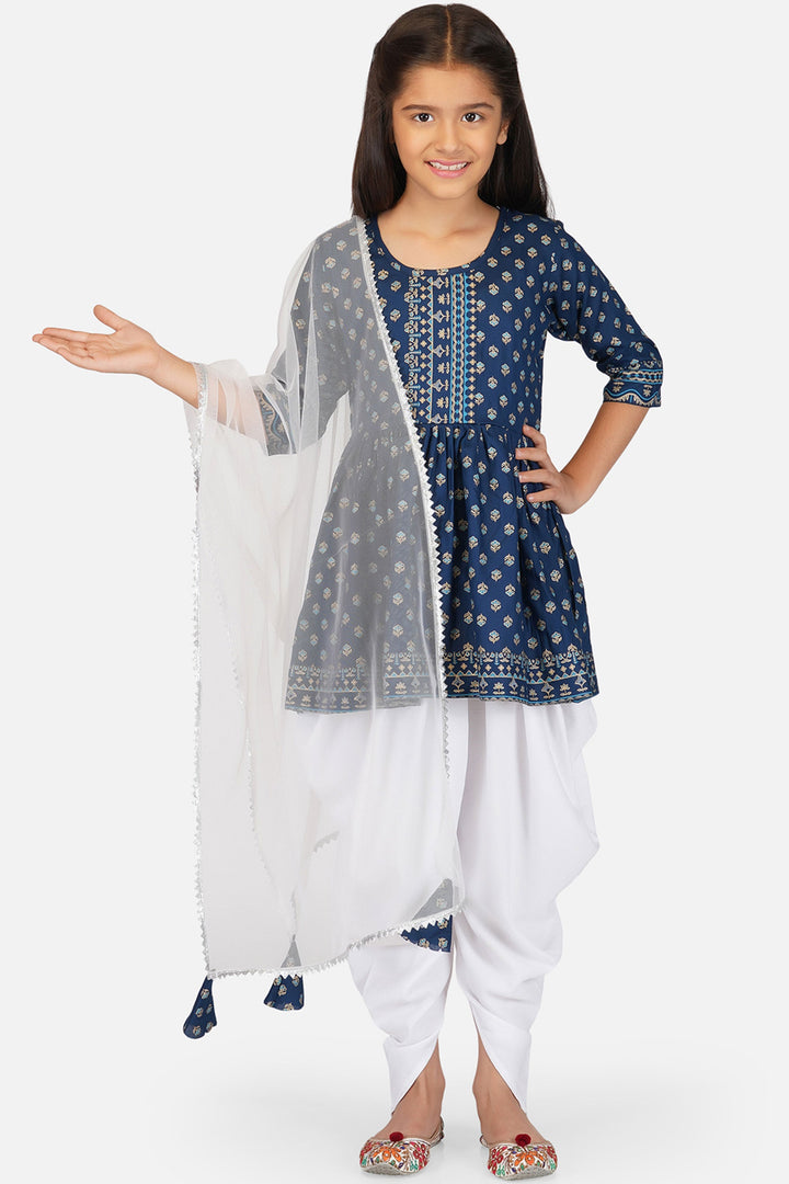 Readymade Printed Navy Blue Color Rayon Fabric Kids Kurti With Dhoti Style Bottom