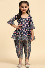 Load image into Gallery viewer, Readymade Navy Blue Color Cotton Fabric Printed Kids Kurti With Dhoti Style Bottom