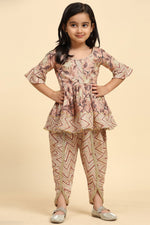Load image into Gallery viewer, Cotton Fabric Printed Readymade Kids Kurti With Dhoti Style Bottom In Light Brown Color
