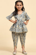 Load image into Gallery viewer, Grey Color Cotton Fabric Readymade Printed Kids Kurti With Dhoti Style Bottom