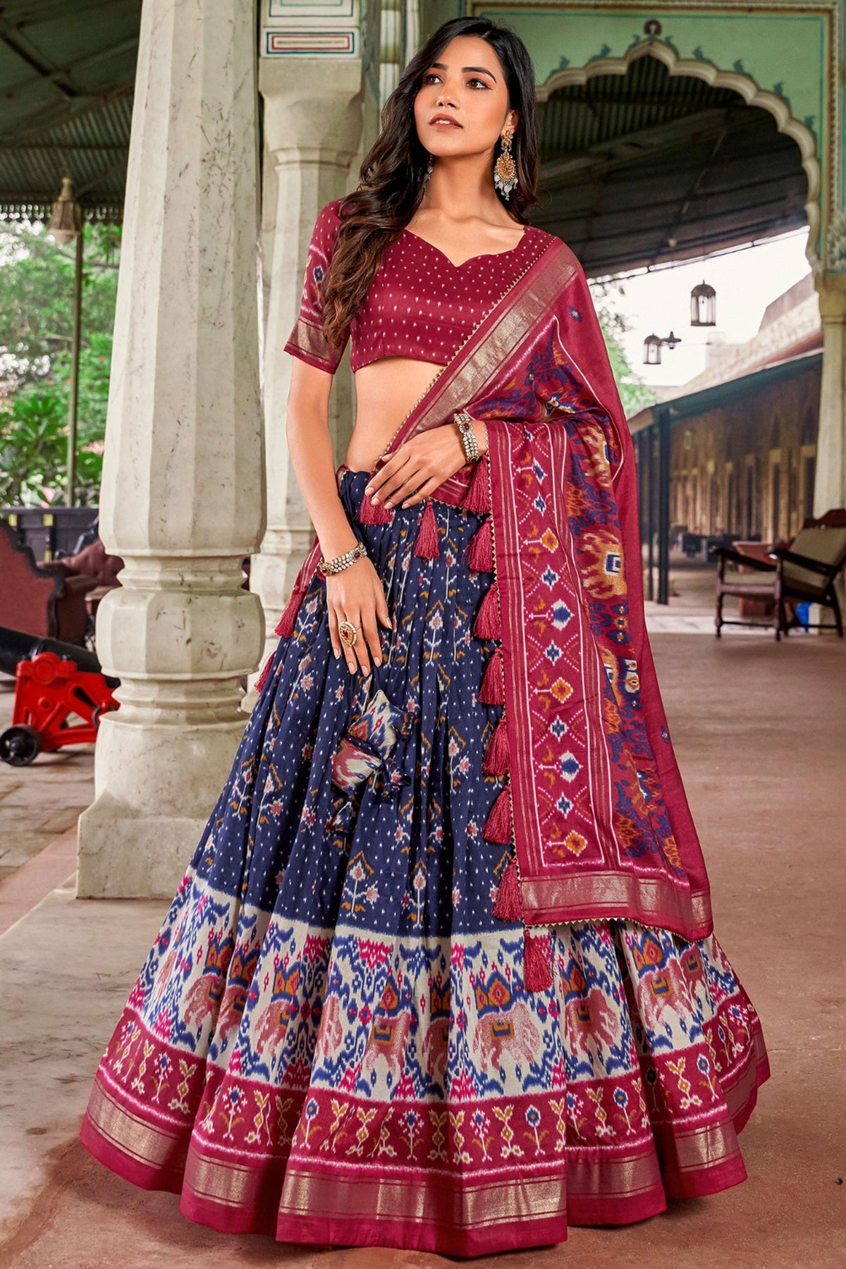 Sangeet Wear Art Silk Fabric Printed 3 Piece Lehenga Choli In Navy Blue Color