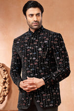 Load image into Gallery viewer, Velvet Stunning Black Color Wedding Wear Readymade Men Jodhpuri Jacket