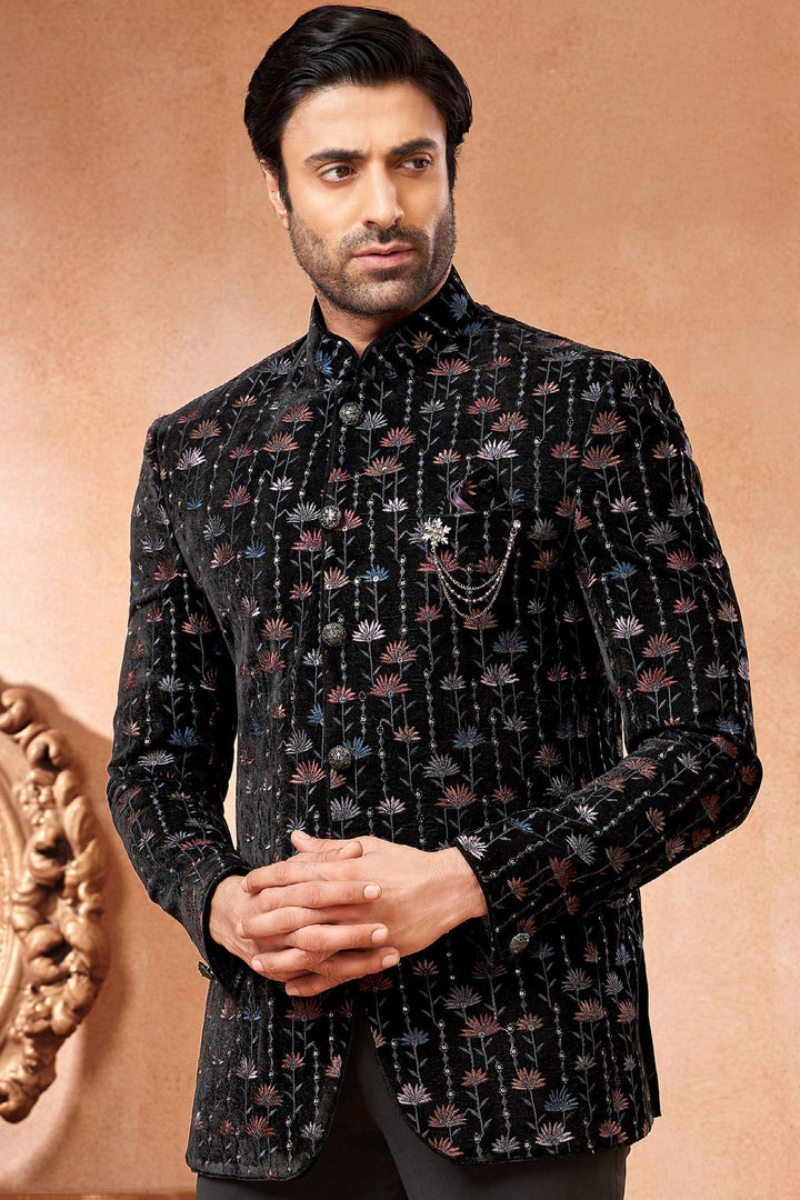 Velvet Stunning Black Color Wedding Wear Readymade Men Jodhpuri Jacket