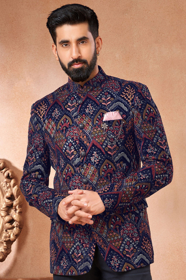Beautiful Blue Color Wedding Wear Readymade Jodhpuri Jacket For Men In Velvet Fabric