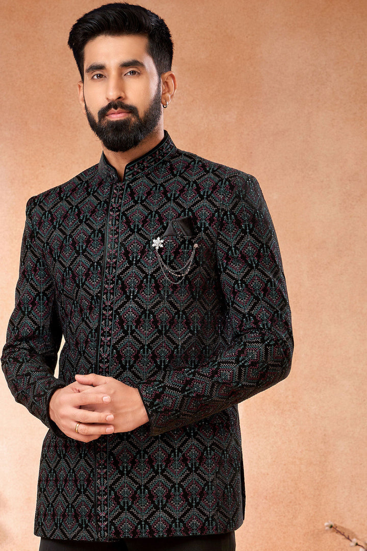 Black Wedding Wear Readymade Glamorous Jodhpuri Jacket For Men In Velvet Fabric