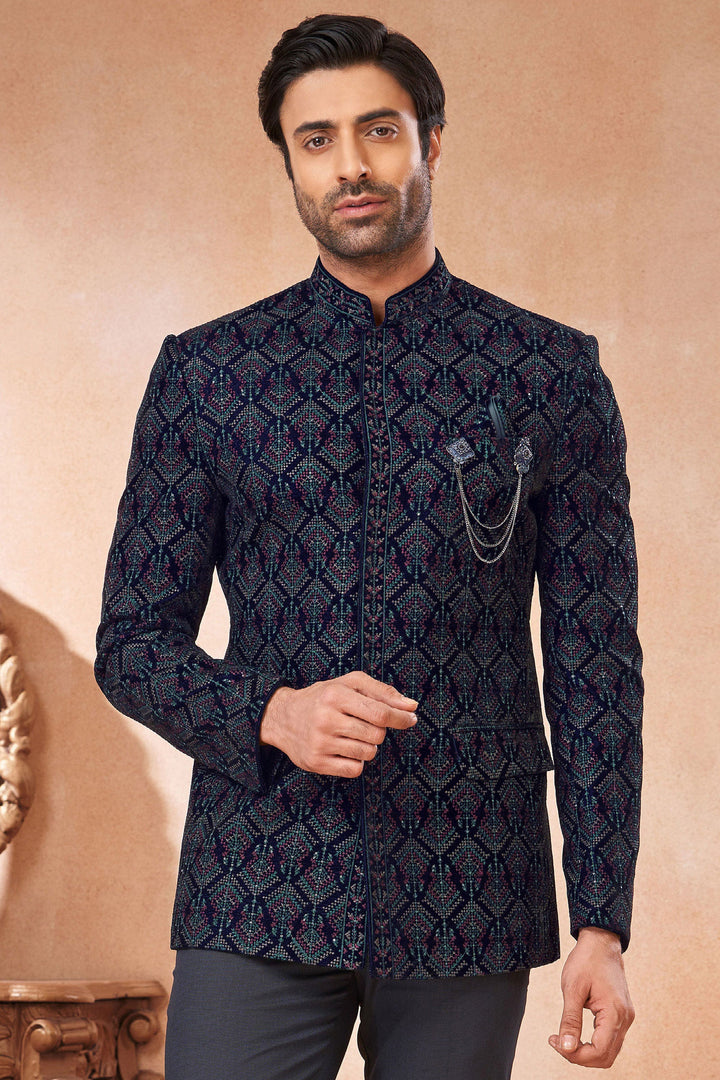 Navy Blue Velvet Fabric Graceful Readymade Men Jodhpuri Jacket For Wedding Function