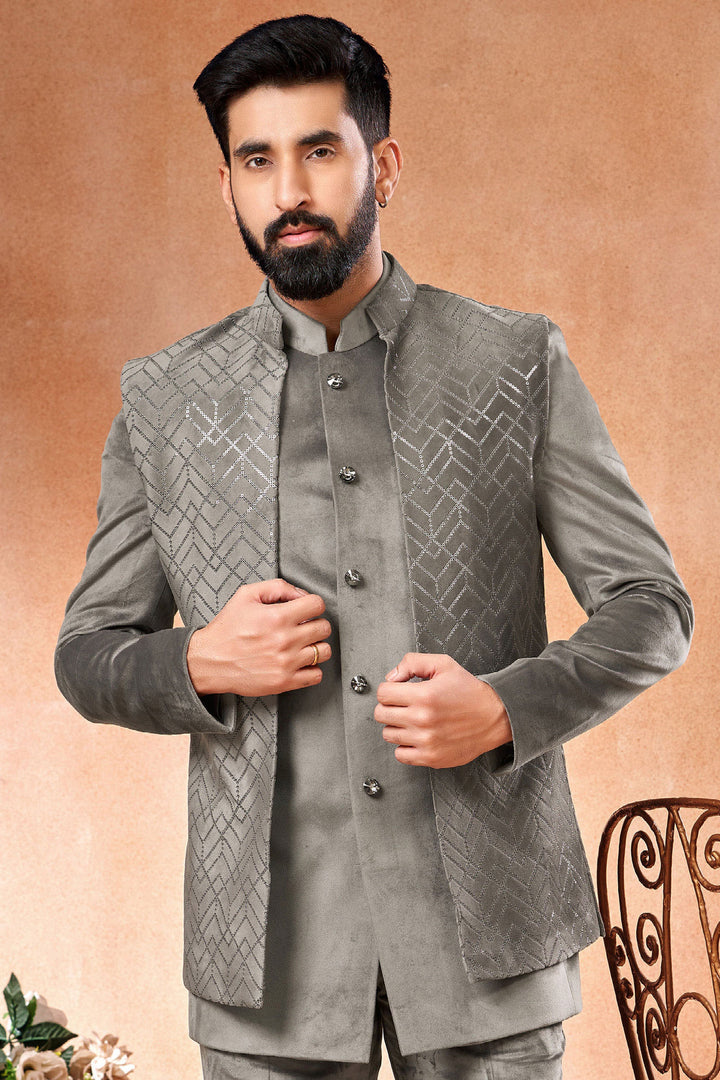 Grey Velvet Fabric Magnificent Readymade Men Jodhpuri Jacket For Wedding Function