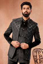 Load image into Gallery viewer, Velvet Black Magnificent Readymade Men Jodhpuri Jacket For Wedding Function