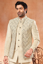 Load image into Gallery viewer, Cream Color Velvet Fabric Wedding Wear Designer Readymade Jodhpuri Jacket For Men