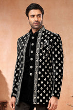 Load image into Gallery viewer, Black Color Wedding Wear Velvet Fabric Designer Readymade Jodhpuri Jacket For Men