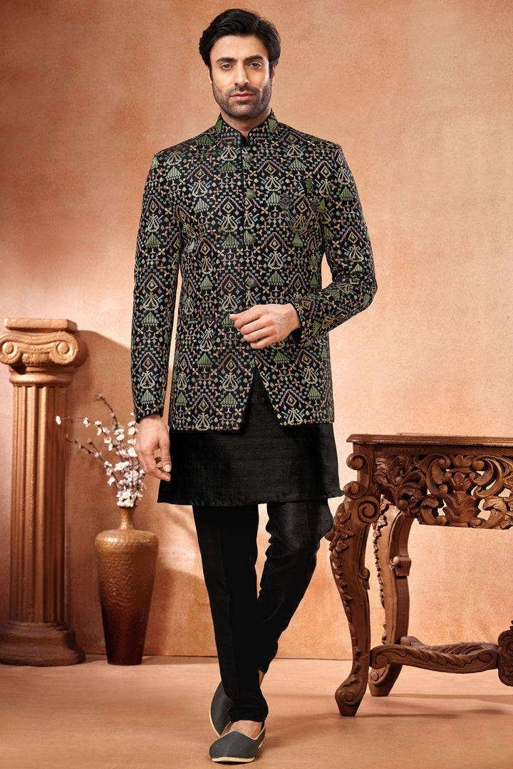 Banarasi Silk Fabric Embroidery Work Black Color Festive Wear Readymade Men Stylish Indo Western Jodhpuri Suit