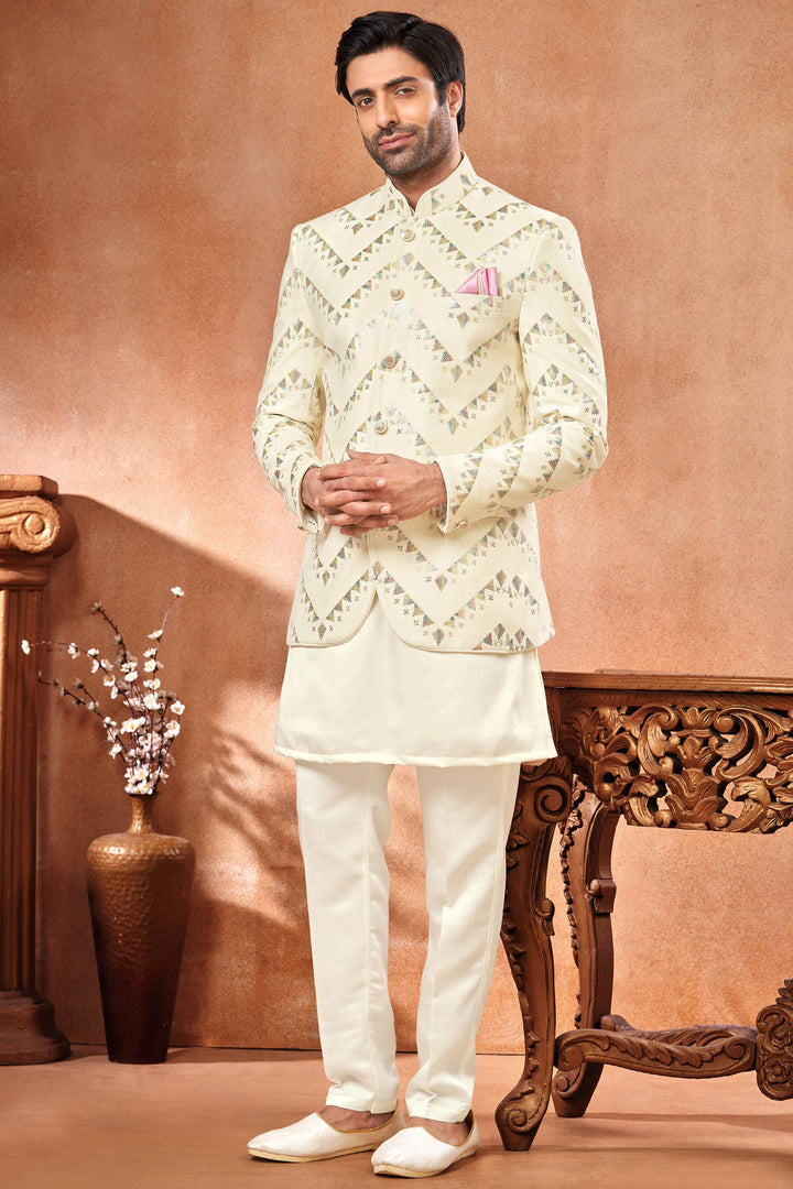 Cream Velvet Fabric Embroidery Work Wedding Wear Trendy Readymade Indo Western Jodhpuri Suit For Men