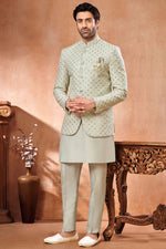Load image into Gallery viewer, Banarasi Silk Stunning Embroidery Work Light Grey Color Wedding Wear Readymade Men Indo Western Jodhpuri Suit