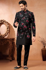 Load image into Gallery viewer, Banarasi Silk Black Festive Wear Readymade Lovely Embroidery Work Indo Western Jodhpuri Suit For Men