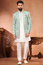 Load image into Gallery viewer, Banarasi Silk Sea Green Wedding Wear Readymade Glamorous Embroidery Work Indo Western Jodhpuri Suit For Men