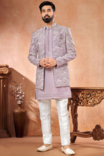 Load image into Gallery viewer, Banarasi Silk Embroidery Work Lavender Magnificent Readymade Men Indo Western Jodhpuri Suit