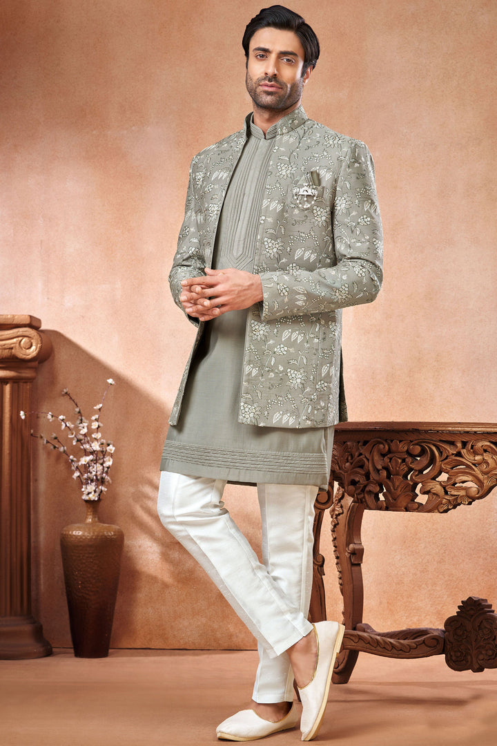 Grey Color Banarasi Silk Fabric Readymade Embroidery Work Men Indo Western Jodhpuri Suit