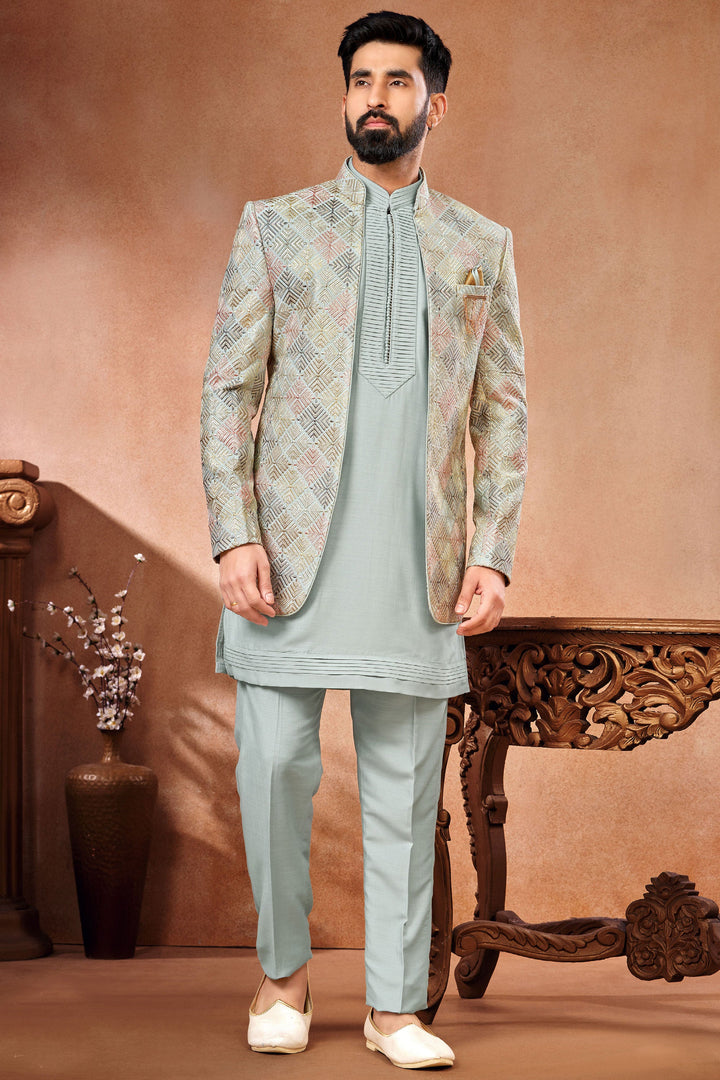 Embroidery Work Light Cyan Color Wedding Wear Readymade Banarasi Silk Fabric Indo Western Jodhpuri Suit For Men