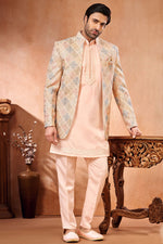 Load image into Gallery viewer, Banarasi Silk Fabric Embroidery Work Wedding Wear Readymade Peach Color Indo Western Jodhpuri Suit For Men