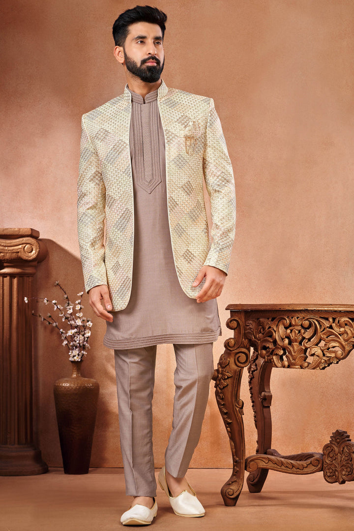 Beige Banarasi Silk Fabric Festive Wear Embroidery Work Readymade Indo Western Jodhpuri Suit For Men