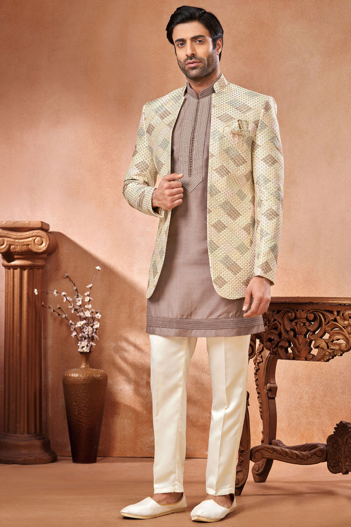Embroidery Work Banarasi Silk Beige Color Wedding Wear Readymade Indo Western Jodhpuri Suit For Men